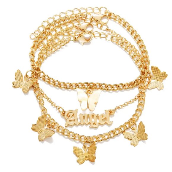 3 Pcs Butterfly Letter ANGEL Charm Chain Anklet Set, Adjustable Zinc Alloy Ankle - Picture 1 of 2